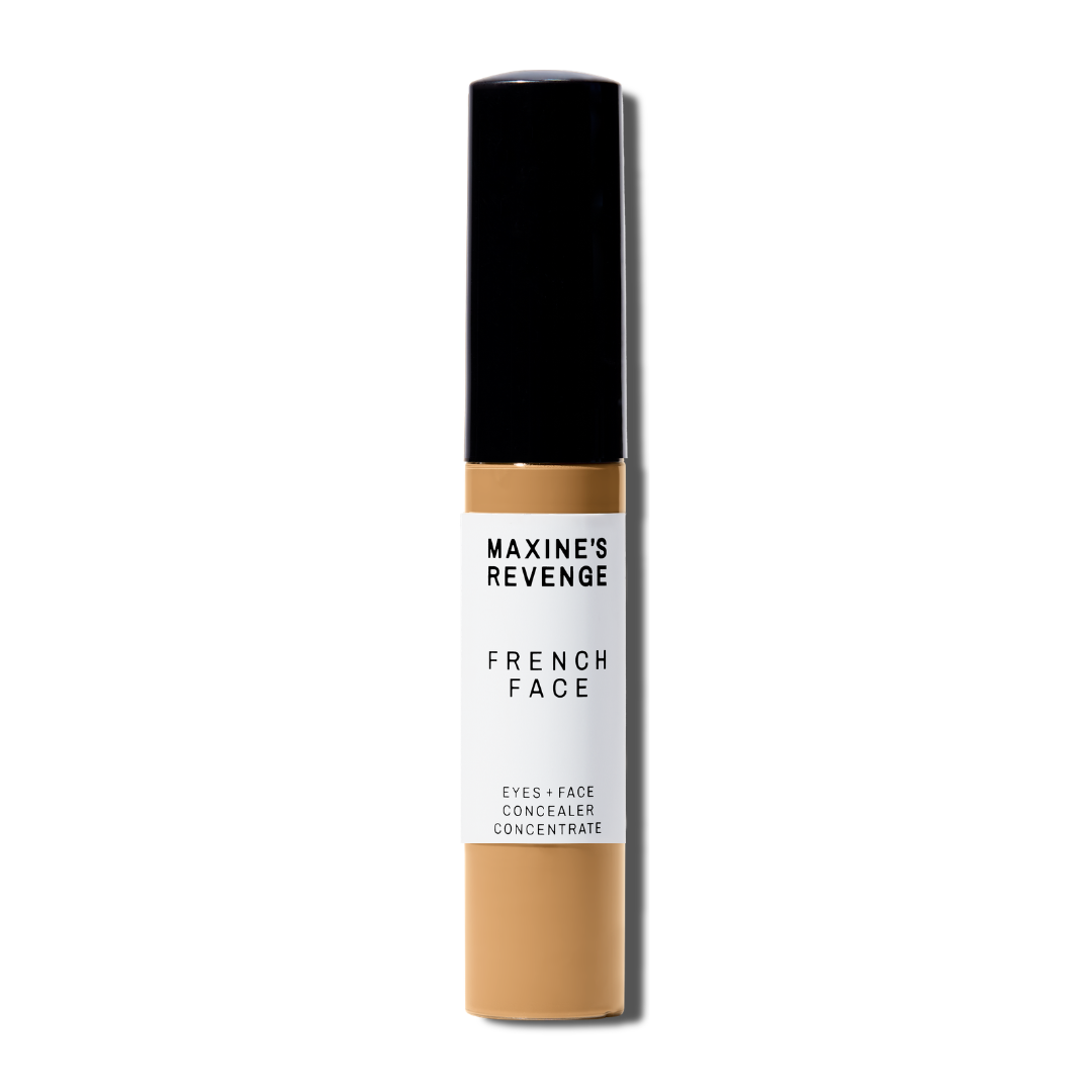 Maxine's Revenge French Face concealer shade Medium Golden tube on a white background; blurring hydrating, stretchy foundation concealer for a natural radiant beautiful complexion
