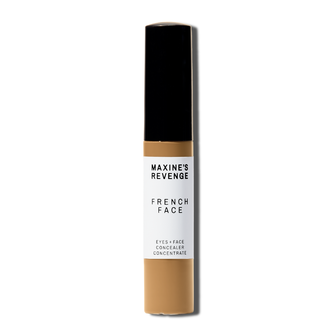 Maxine's Revenge French Face concealer shade Medium Deep Sand tube on a white background; blurring hydrating, stretchy foundation concealer for a natural radiant beautiful complexion