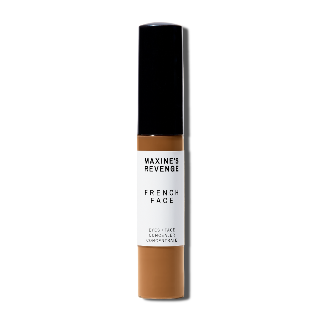 Maxine's Revenge French Face concealer shade Deep Chestnut tube on a white background; blurring hydrating, stretchy foundation concealer for a natural radiant beautiful complexion