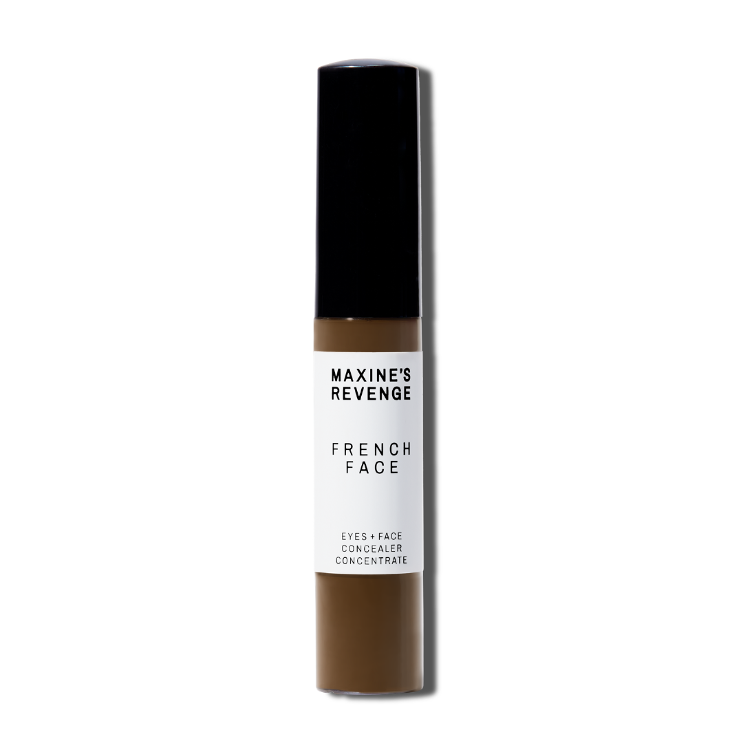Maxine's Revenge French Face concealer shade Deep Coffee tube on a white background; blurring hydrating, stretchy foundation concealer for a natural radiant beautiful complexion
