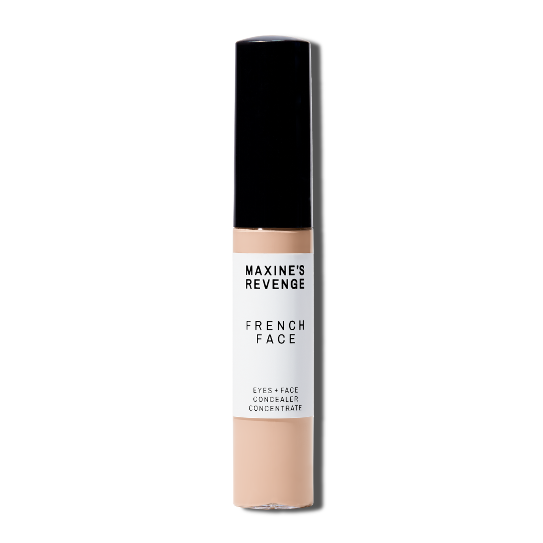 Maxine's Revenge French Face concealer shade Light Peach tube on a white background; blurring hydrating, stretchy foundation concealer for a natural radiant beautiful complexion