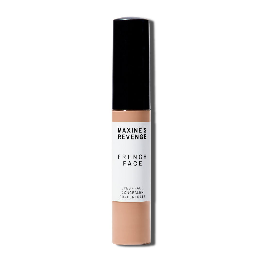 Maxine's Revenge French Face concealer shade Medium Peach tube on a white background; blurring hydrating, stretchy foundation concealer for a natural radiant beautiful complexion