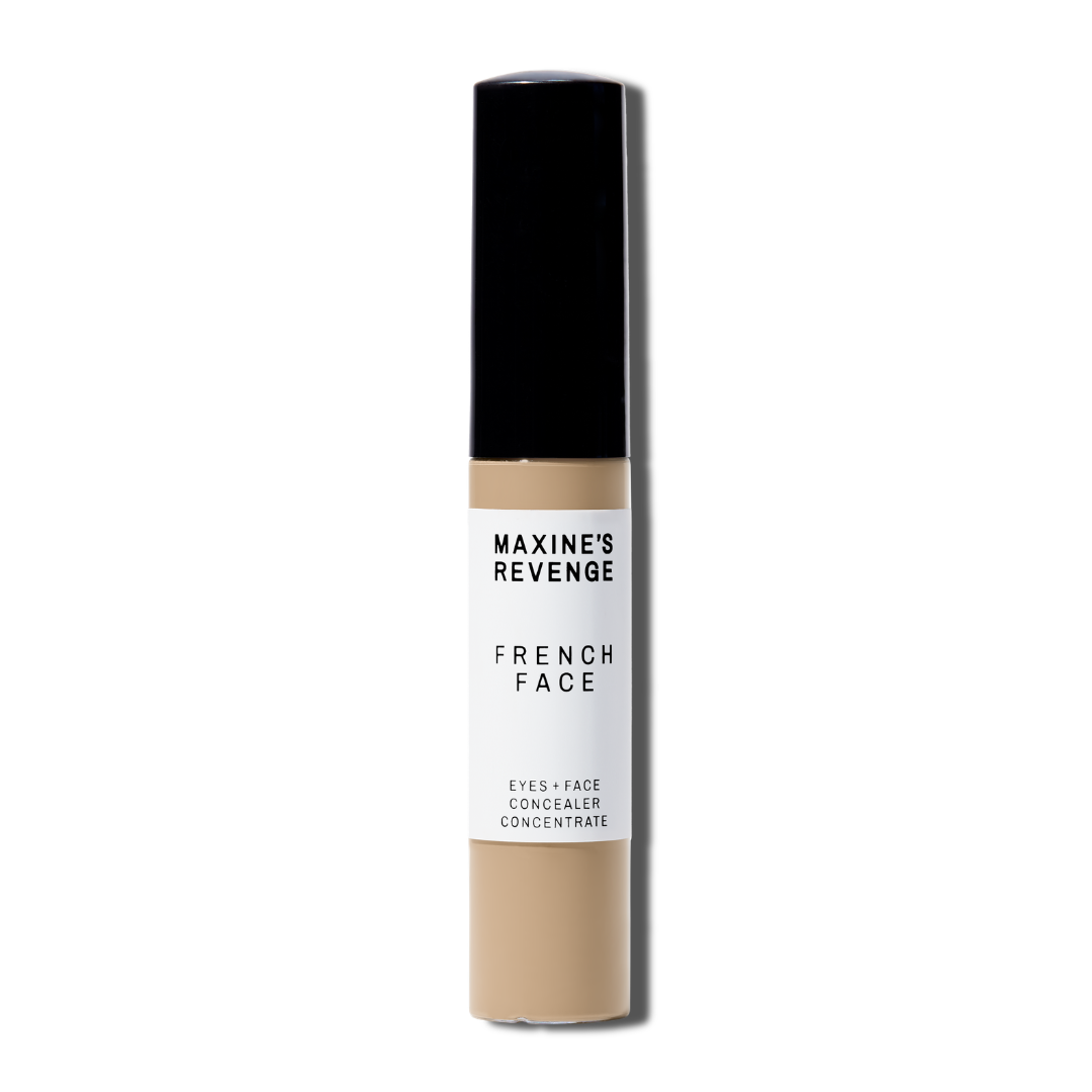Maxine's Revenge French Face concealer shade Medium Sand tube on a white background; blurring hydrating, stretchy foundation concealer for a natural radiant beautiful complexion