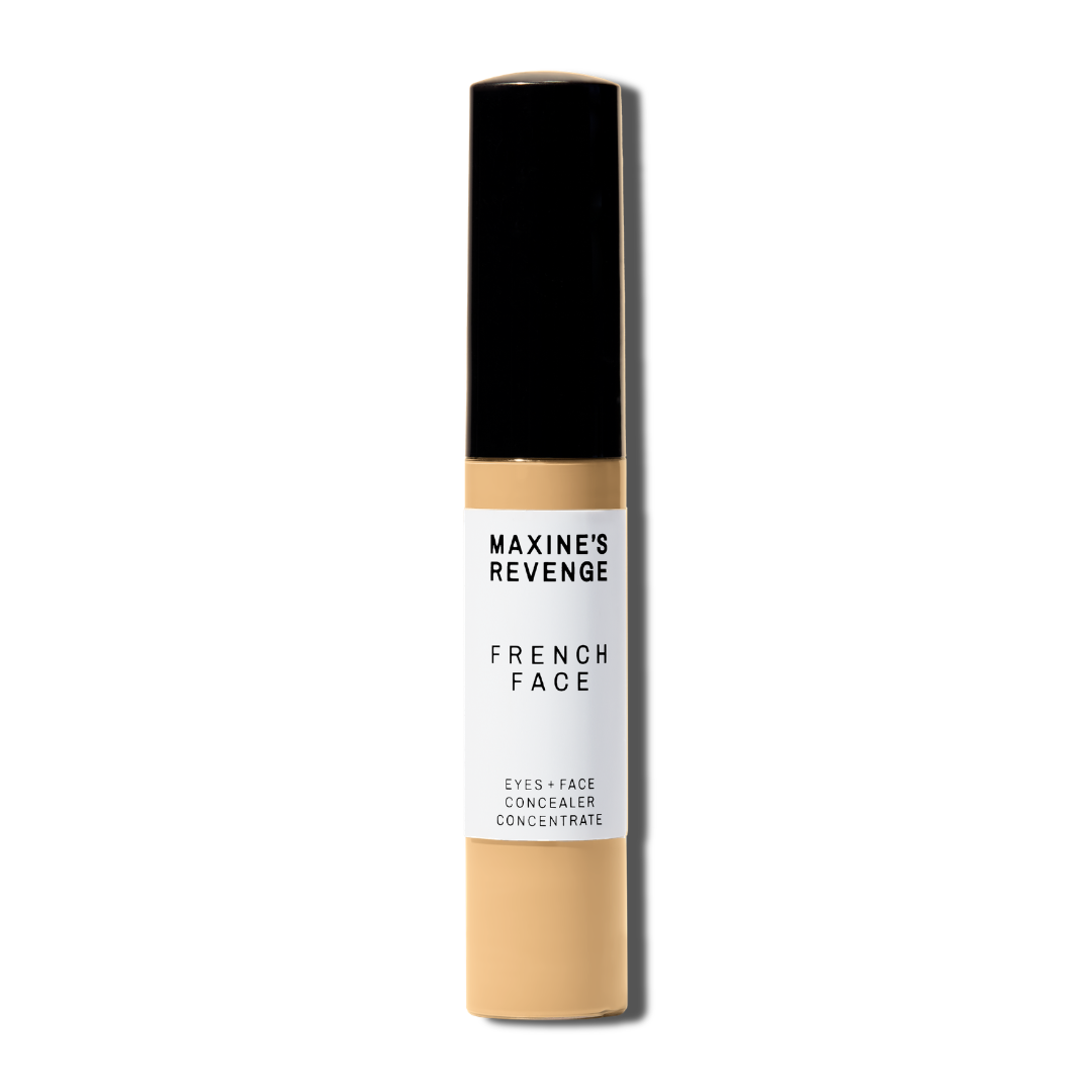 Maxine's Revenge French Face concealer shade Light Medium Sand tube on a white background; blurring hydrating, stretchy foundation concealer for a natural radiant beautiful complexion